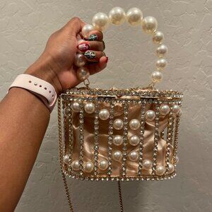 Rhinestone Cage Bag Sparkling Hollow Pearl Evening Clutch